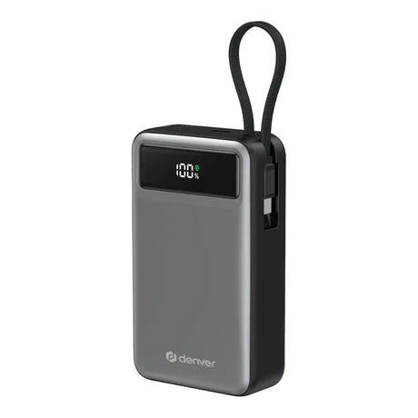 Denver PQCA-20650 65W PowerBank m. USB-A / USB-C / Innebygd USB-C Kabel - 20.000 mAh - Grå