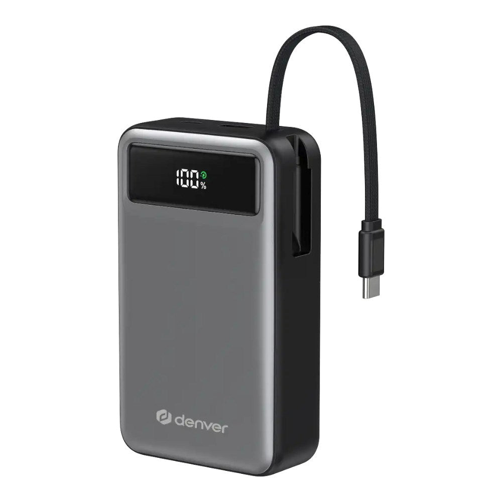 Denver PQCA-20650 65W PowerBank m. USB-A / USB-C / Innebygd USB-C Kabel - 20.000 mAh - Grå