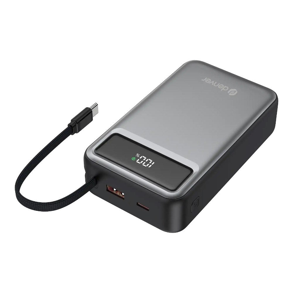 Denver PQCA-20650 65W PowerBank m. USB-A / USB-C / Innebygd USB-C Kabel - 20.000 mAh - Grå
