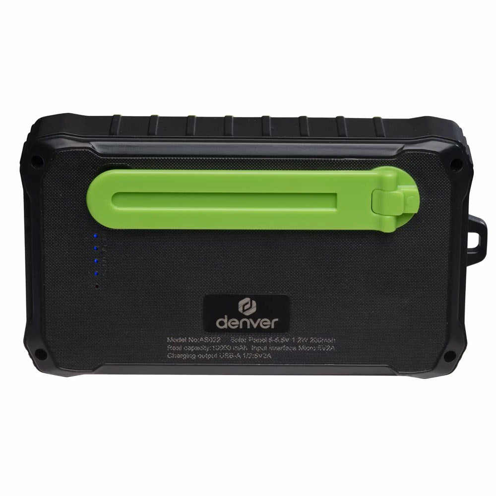 Denver PSO-10012 Solcelle Powerbank m. Håndsveiv & Lommelykt - 10.000 mAh - Svart / Grønn