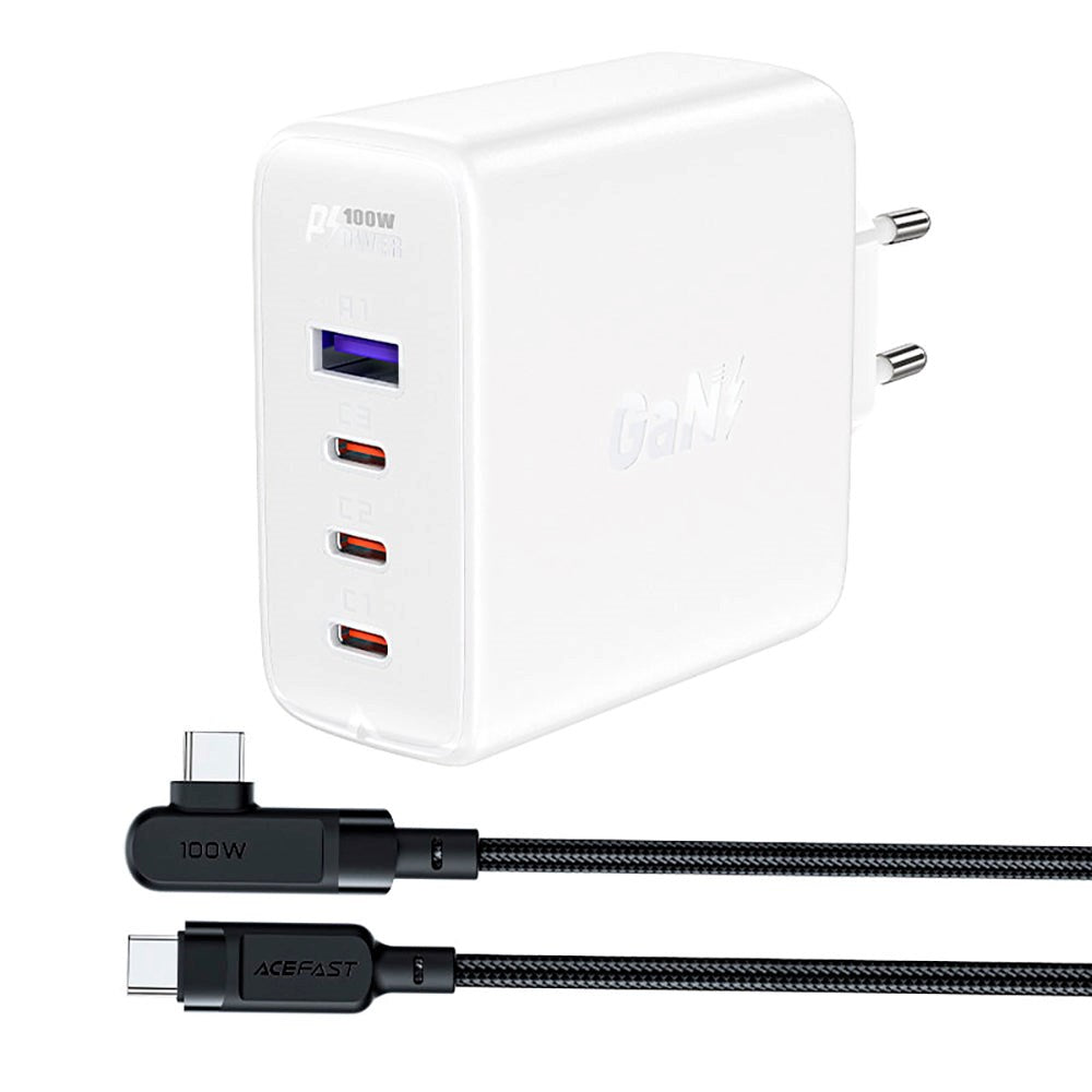 Acefast 100W PD GaN Charger - Vegglader med 1 x USB-A og 3 x USB-C - Hvit