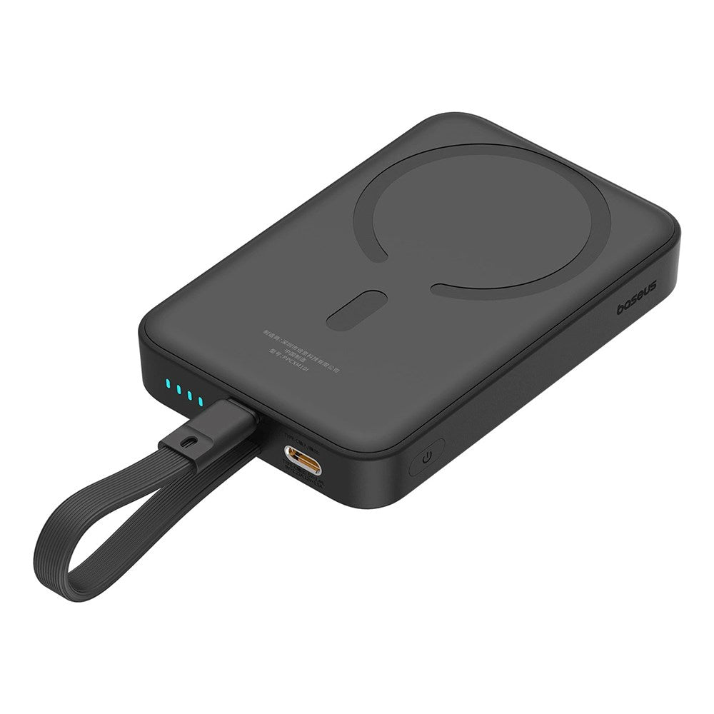 Baseus Magnetic Qi Powerbank 20W m. USB-C-kabel og Innebygd Lightning-kabel - 10 000 mAh - MagSafe-Kompatibel - Svart