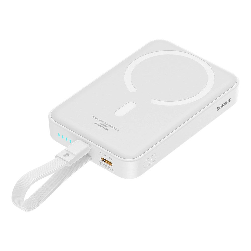 Baseus Magnetic Qi Powerbank 20W m. USB-C-kabel og Innebygd Lightning-kabel - 10 000 mAh - MagSafe-Kompatibel - Hvit