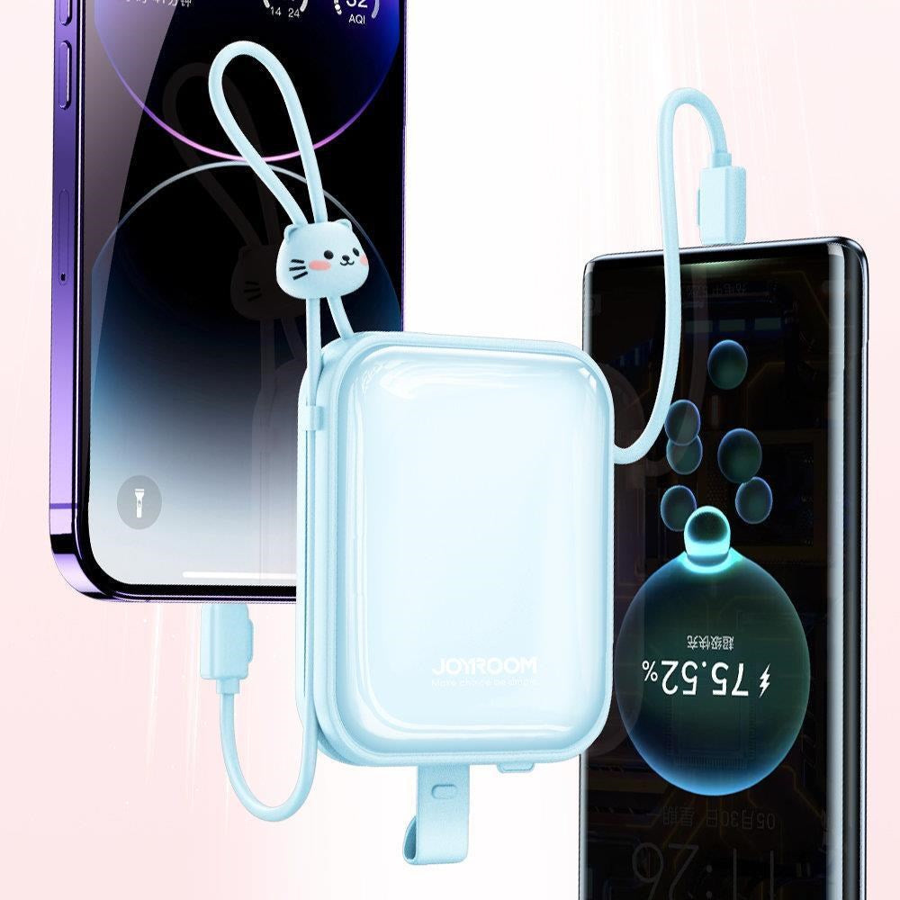 Joyroom JR-L008 Powerbank 22,5 W USB-A m. Innebygd USB-C / Lightning-kabel og Stativfunksjon - 10 000 mAh - Blå