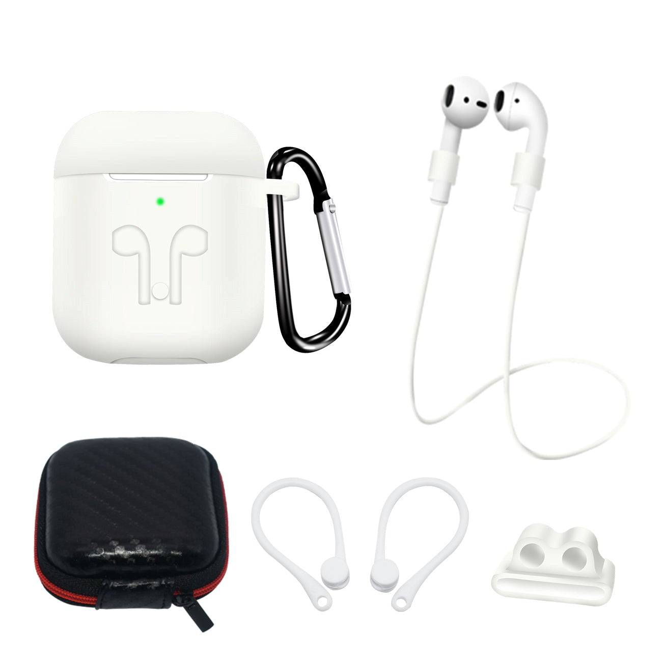 Hurtel AirPods (1. og 2. gen.) Silikonetui Sett med Nakkestropp og Ørekrok - Hvit