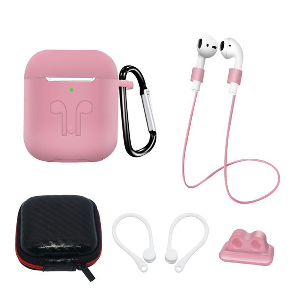 Hurtel AirPods (1. og 2. gen.) Silikonetui Sett med Nakkestropp og Ørekrok - Rosa