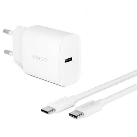 Epico Vegglader PD 20W m. USB-C til USB-C - Hvit