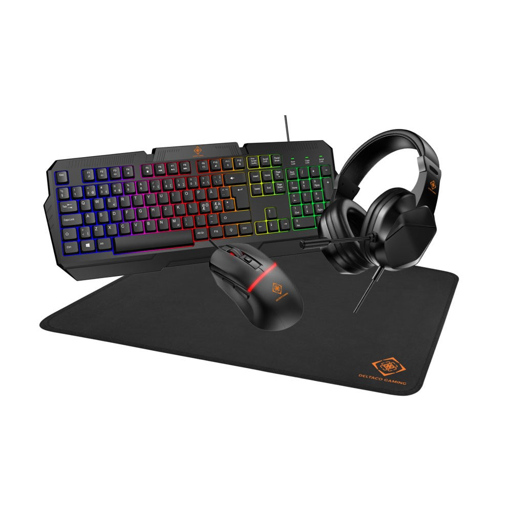 Deltaco 4-i-1 Gaming Sett m. Headset / Tastatur / Mus / Musematte - Svart