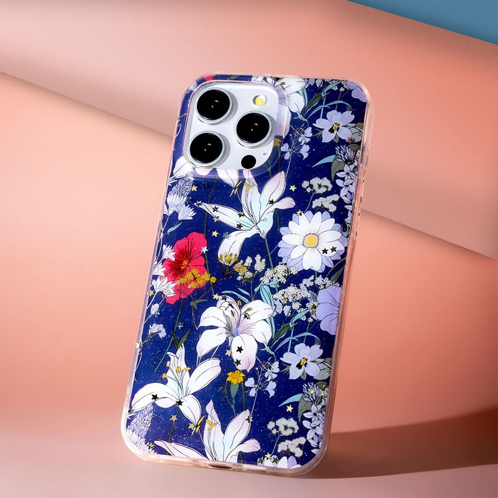 iPhone 17 Pro TFO Glow Glam Deksel - Blå / Blomster