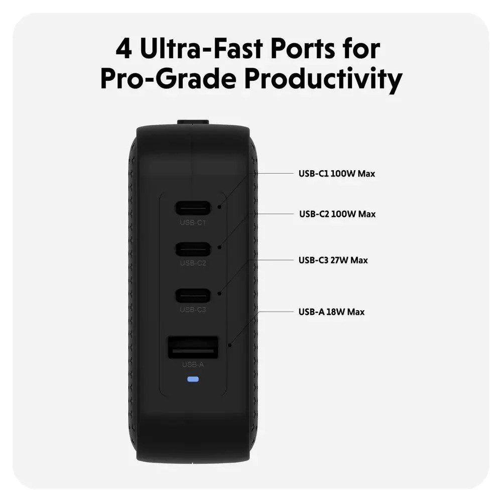 Targus HyperJuice 100W Reise­lader m. 1x USB-A & 3x USB-C - inkl. 4x Adapterplugger - Svart