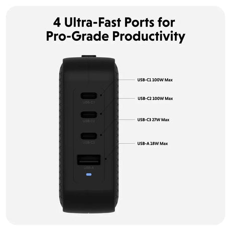 Targus HyperJuice 100W Reise­lader m. 1x USB-A & 3x USB-C - inkl. 4x Adapterplugger - Svart
