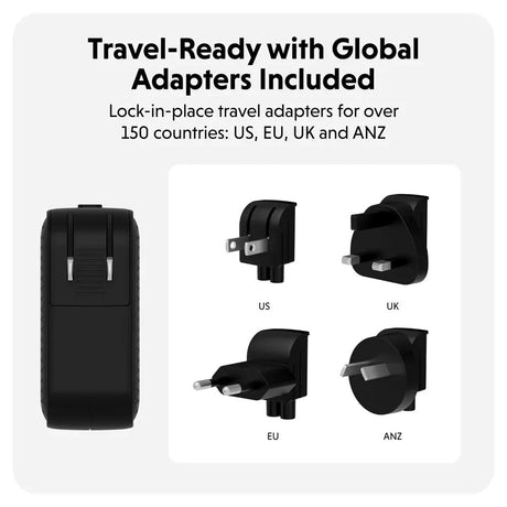 Targus HyperJuice 70W Reise­lader m. 1x USB-A & 2x USB-C - inkl. 4x Adapterplugger - Svart