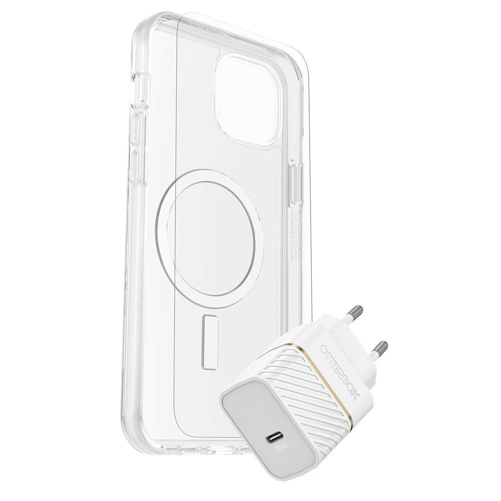 OtterBox iPhone 15 Plus Protection + Power Kit - MagSafe Deksel, Skjermbeskyttelse & 30W Vegglader - Gjennomsiktig / Hvit