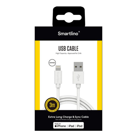 Smartline USB-A til Lightning Kabel 3m. - Hvit