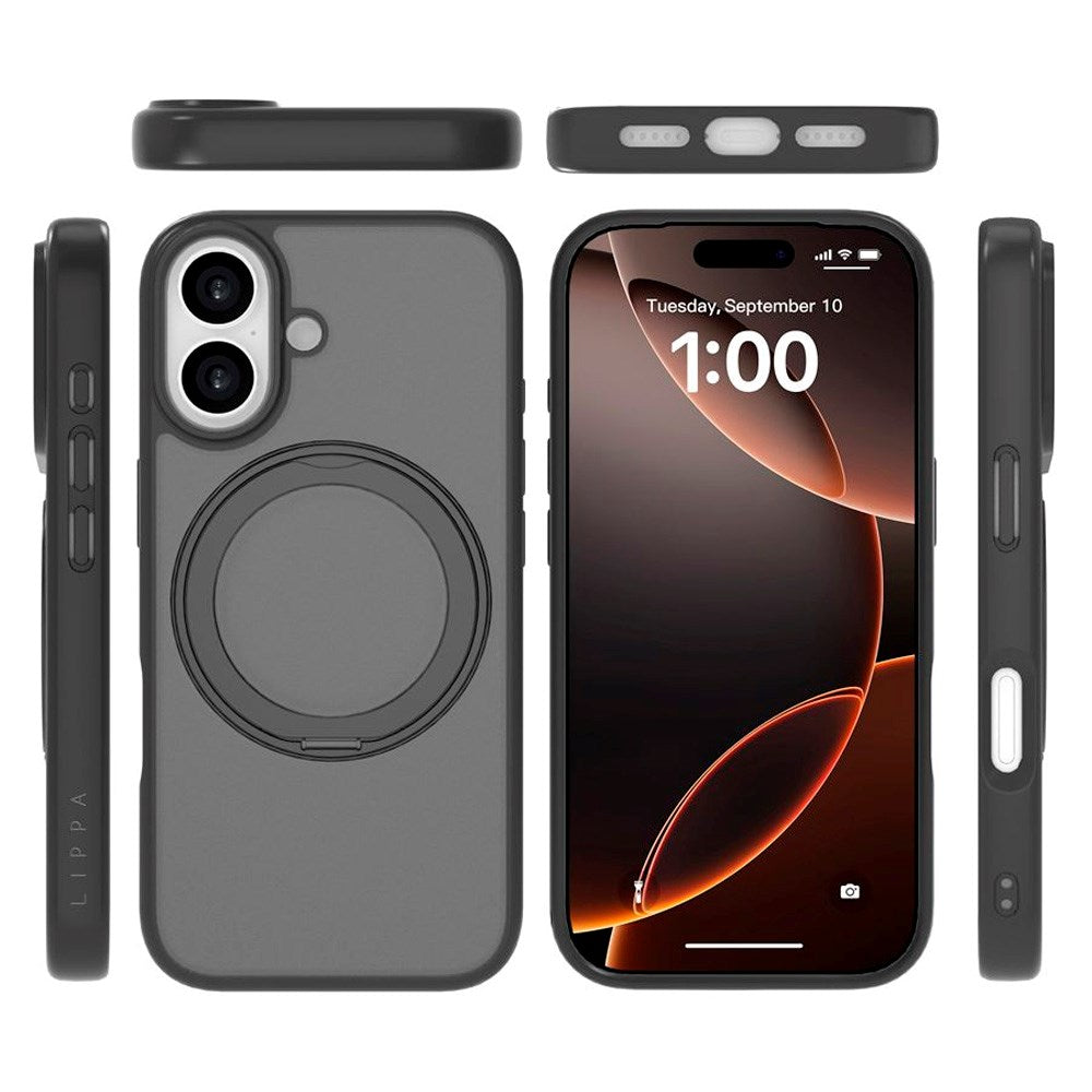 iPhone 17 Lippa Hybrid Plast Deksel m. 360 Roterende Kickstand - MagSafe Kompatibel - Matt / Svart