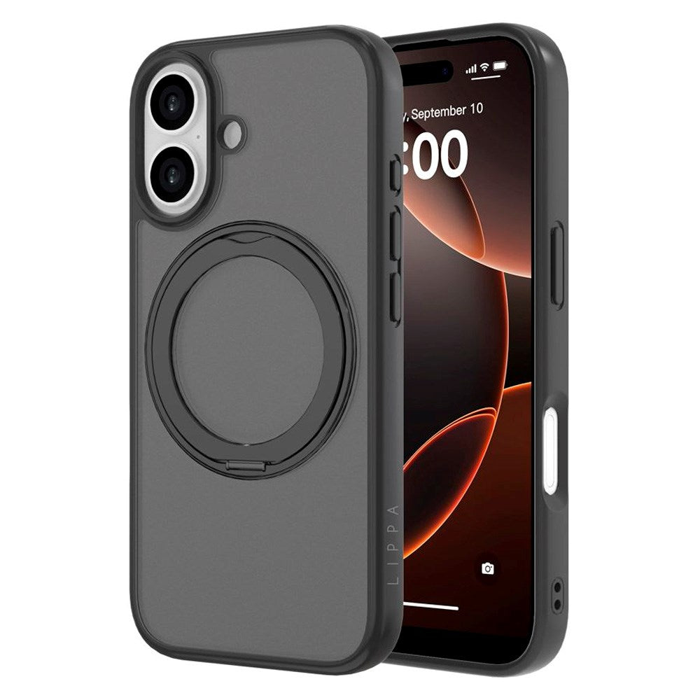 iPhone 17 Lippa Hybrid Plast Deksel m. 360 Roterende Kickstand - MagSafe Kompatibel - Matt / Svart