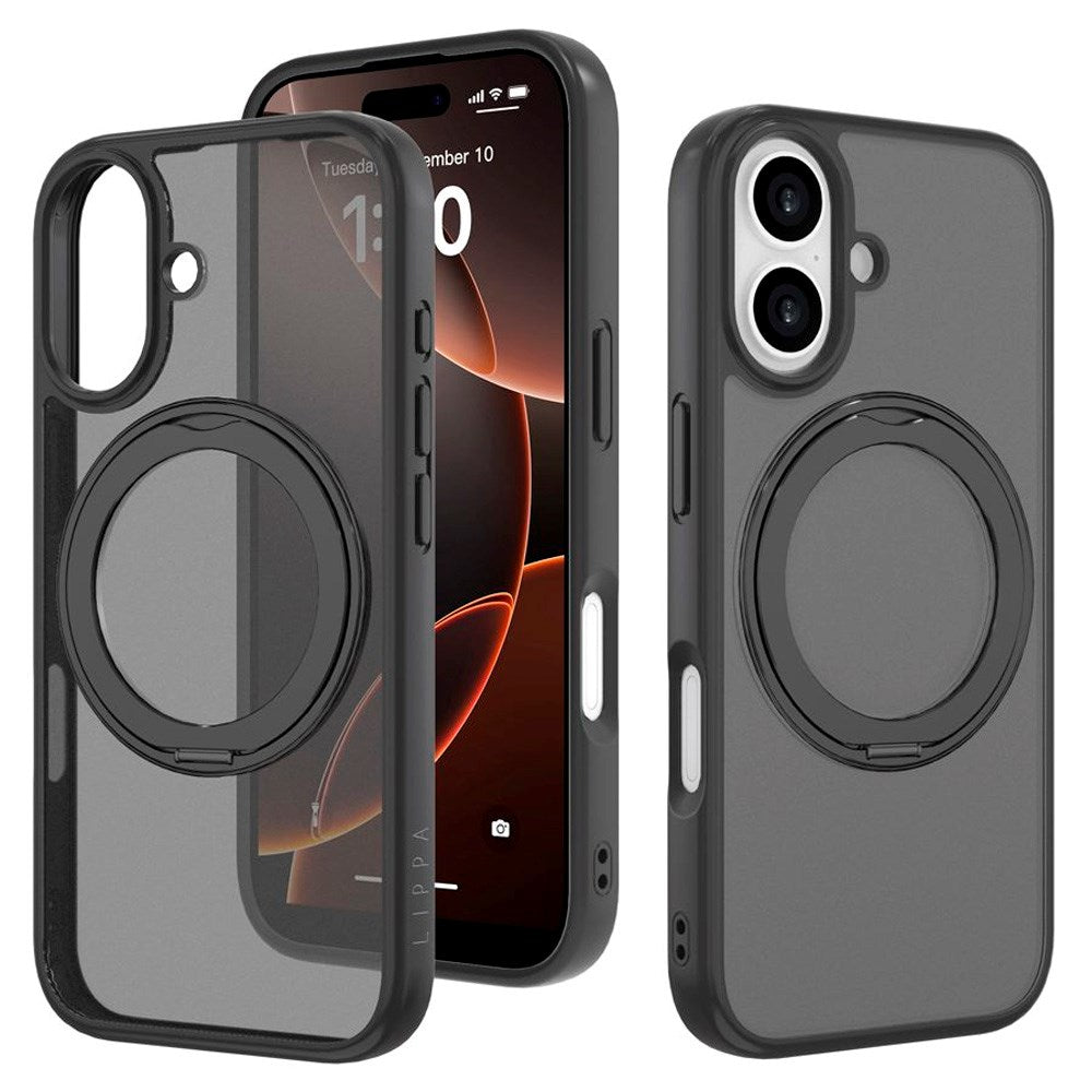 iPhone 17 Lippa Hybrid Plast Deksel m. 360 Roterende Kickstand - MagSafe Kompatibel - Matt / Svart