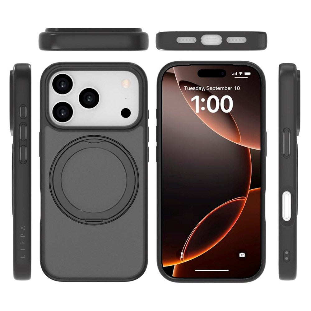 iPhone 17 Pro Lippa Hybrid Plast Deksel m. 360 Roterende Kickstand - MagSafe Kompatibel - Matt / Svart