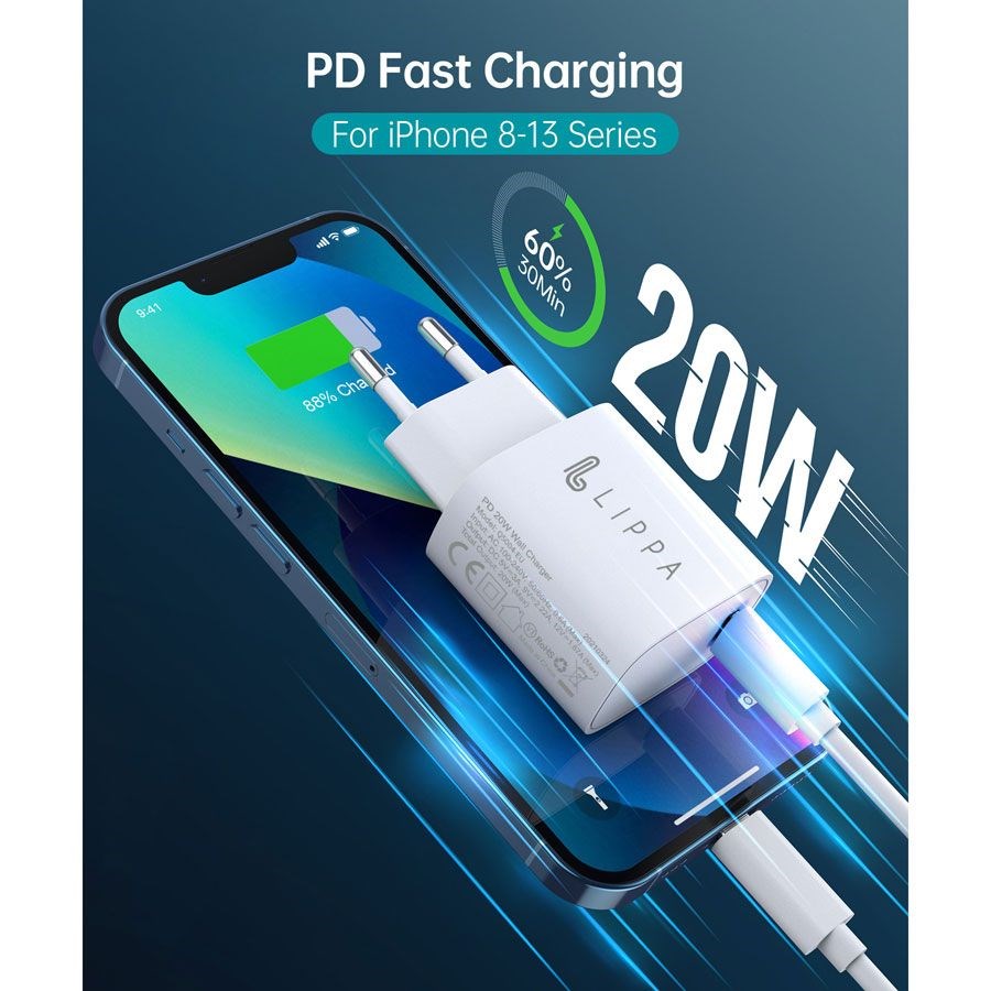 Lippa 20W Vegglader med USB-C - Power Delivery - Hvit