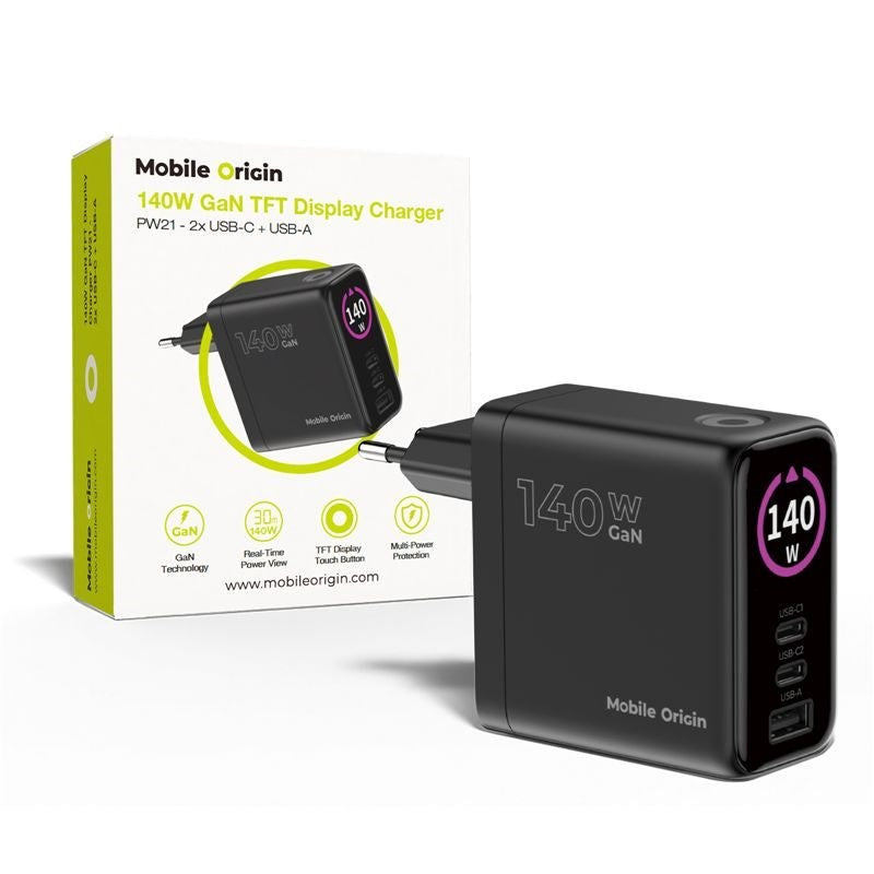 Display Vegglader Mobile Origin GaN 140 W med 2x USB-C + 1x USB-A - Svart