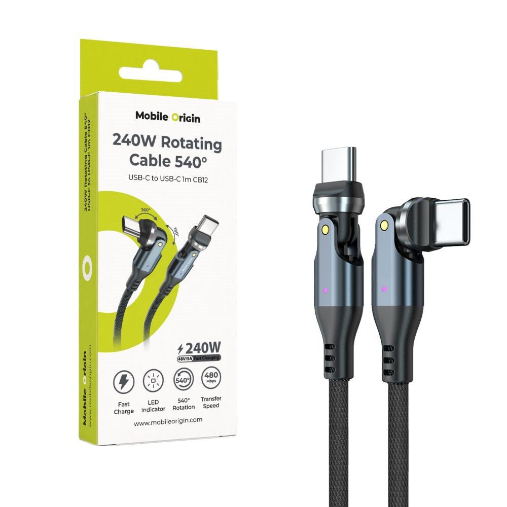 Mobile Origin 240W USB-C til USB-C Kabel med 540° Roterende Ledd – 1 m - Grå