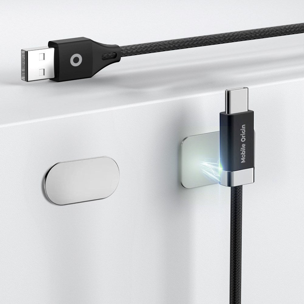 Magnetisk USB-C til USB-A-kabel fra Mobile Origin 27W med 2 Selvklebende Magnetiske Puter - 1,5 M - Svart