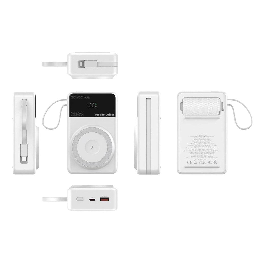PowerBank Mobile Origin 35 W PD 20 000 mAh med Skjerm - MagSafe Kompatibel - Hvit