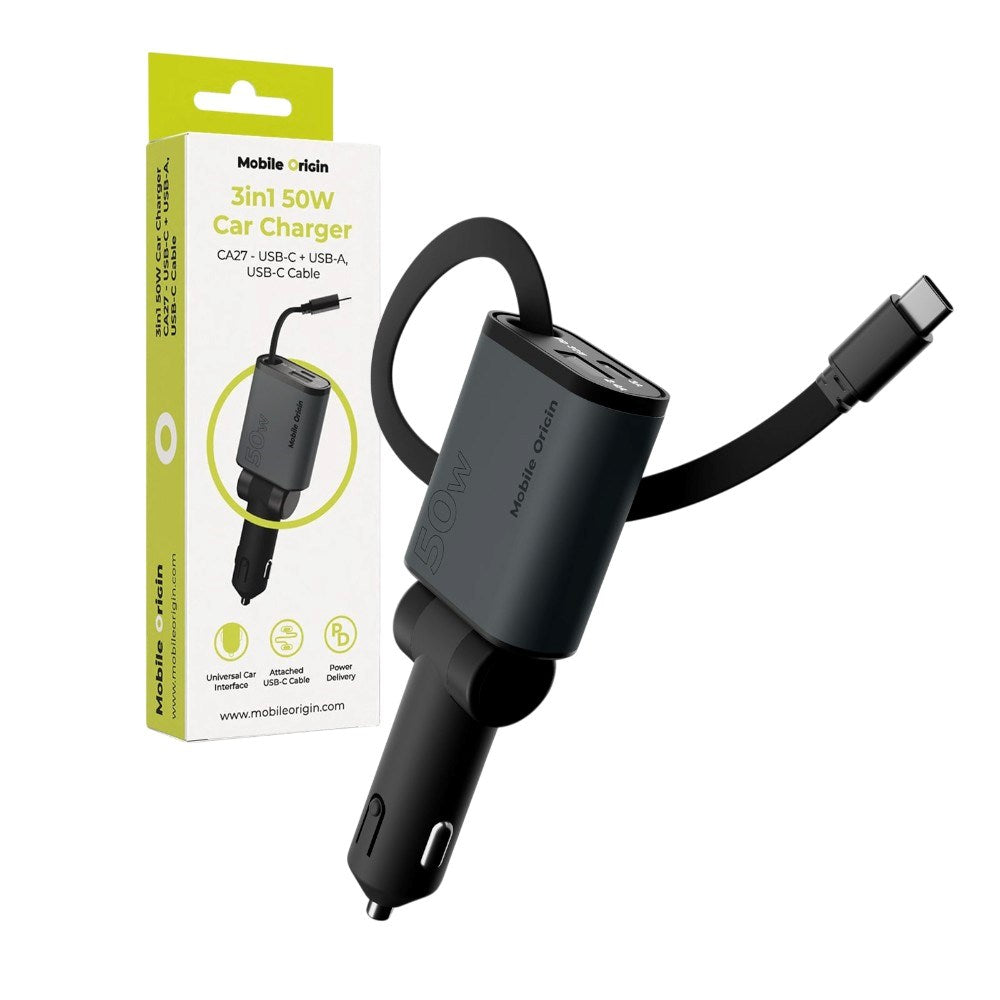 3-i-1 Billader 50W Mobile Origin med USB-C + USB-A og Uttrekkbar USB-C-kabel – Grå