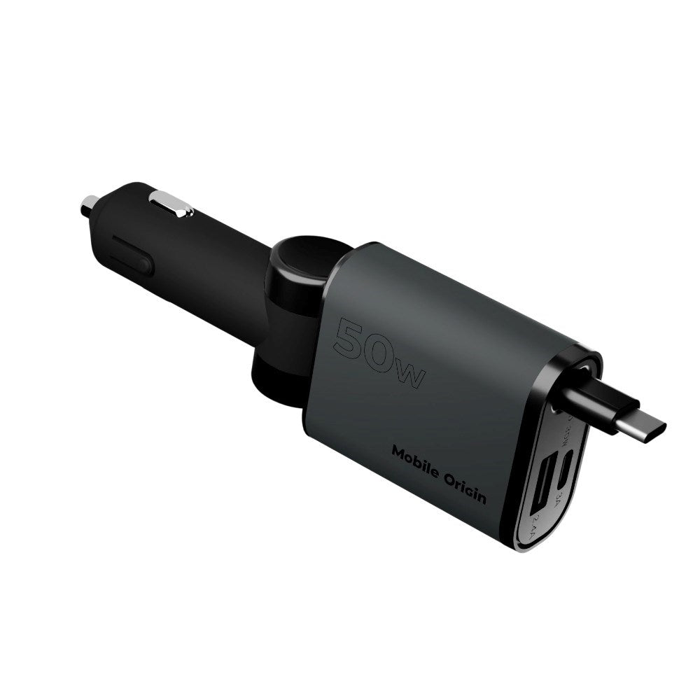 3-i-1 Billader 50W Mobile Origin med USB-C + USB-A og Uttrekkbar USB-C-kabel – Grå