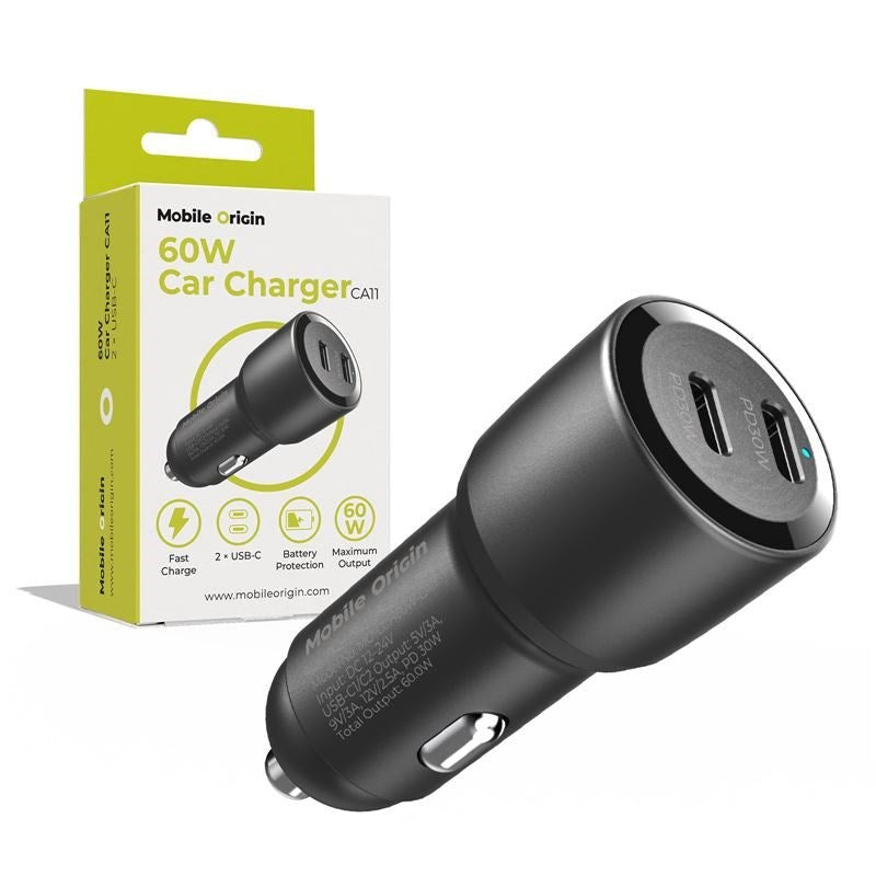 Bilopplader Mobile Origin 60W med 2 X USB-C - Svart