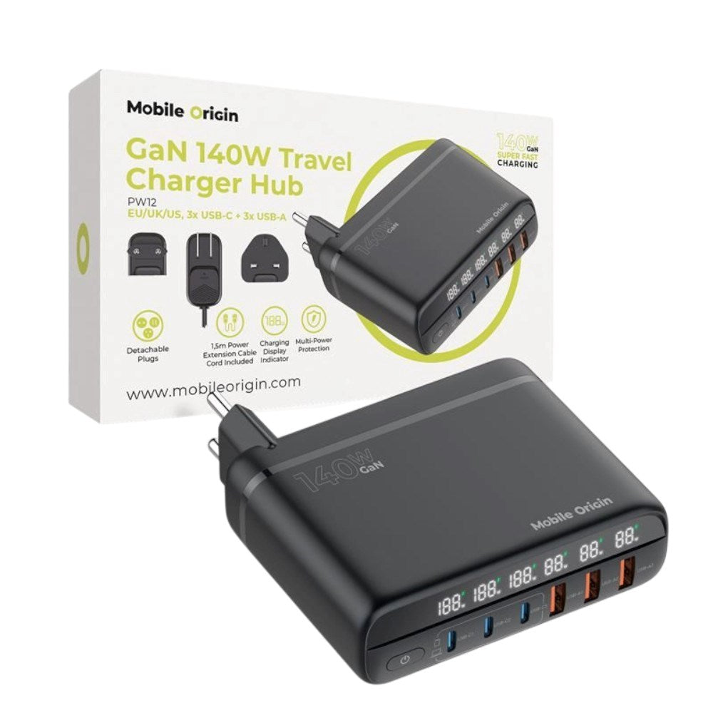 6-i-1 Reiseadapter Til EU/UK/USA Mobile Origin - 3x USB-C + 3x USB-A – Svart