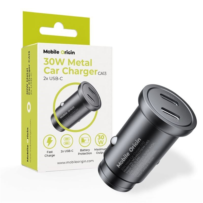 Bilopplader Mobile Origin 30 W med 2x USB-C - Svart