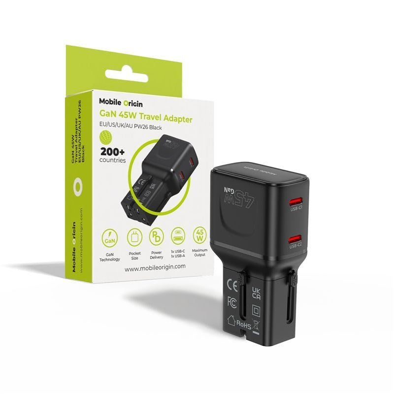 Reiseadapter Mobile Origin 45W EU / US / UK / AU - Svart