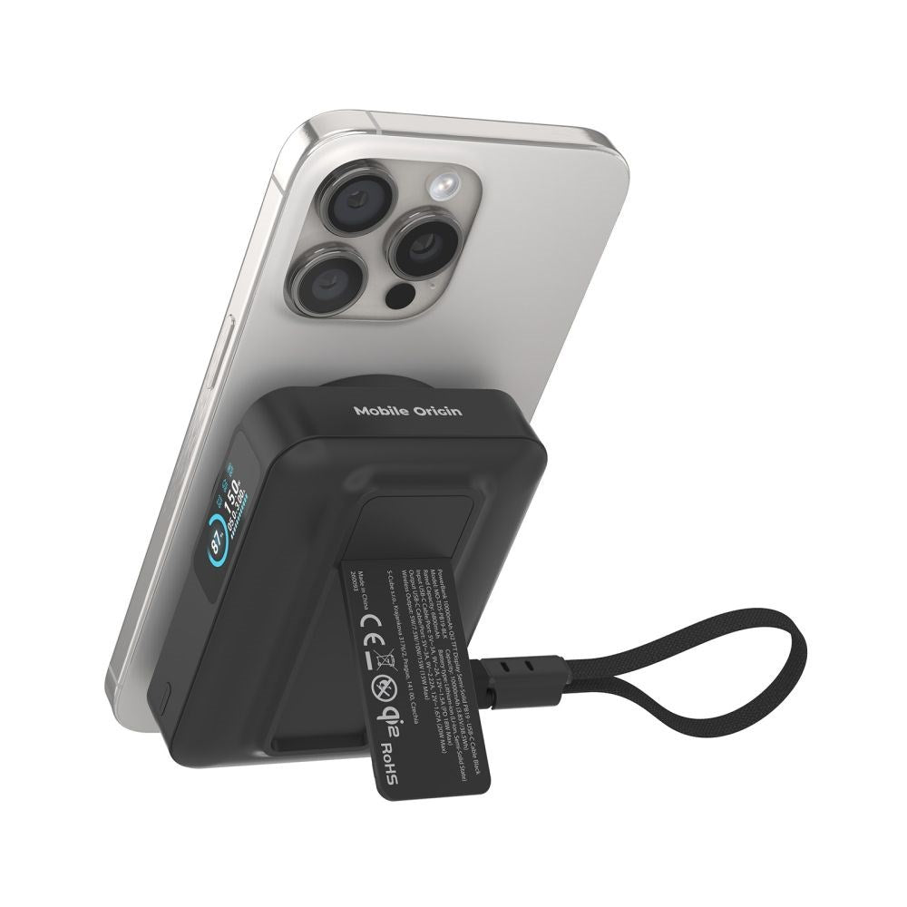 Mobile Origin 10 000 mAh Powerbank med Trådløs Lading / Innebygd USB-C Kabel - MagSafe / Qi2 Kompatibel - Svart