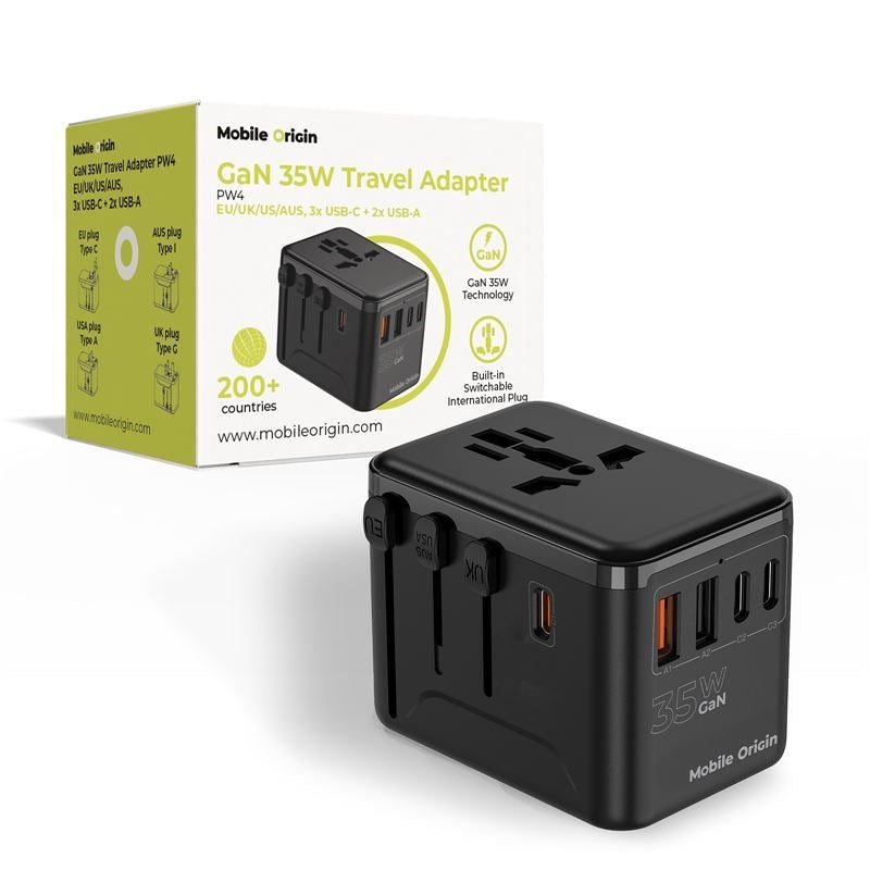 Reiseadapter Mobile Origin GaN 35W - EU / UK / USA / AUS - Svart