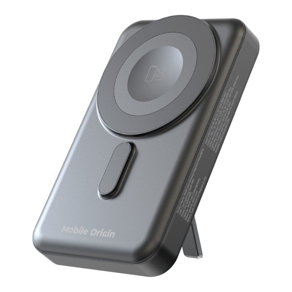 Magnetisk Powerbank 10000mAh Mobile Origin – USB-C og Lightning-kabel - Grå