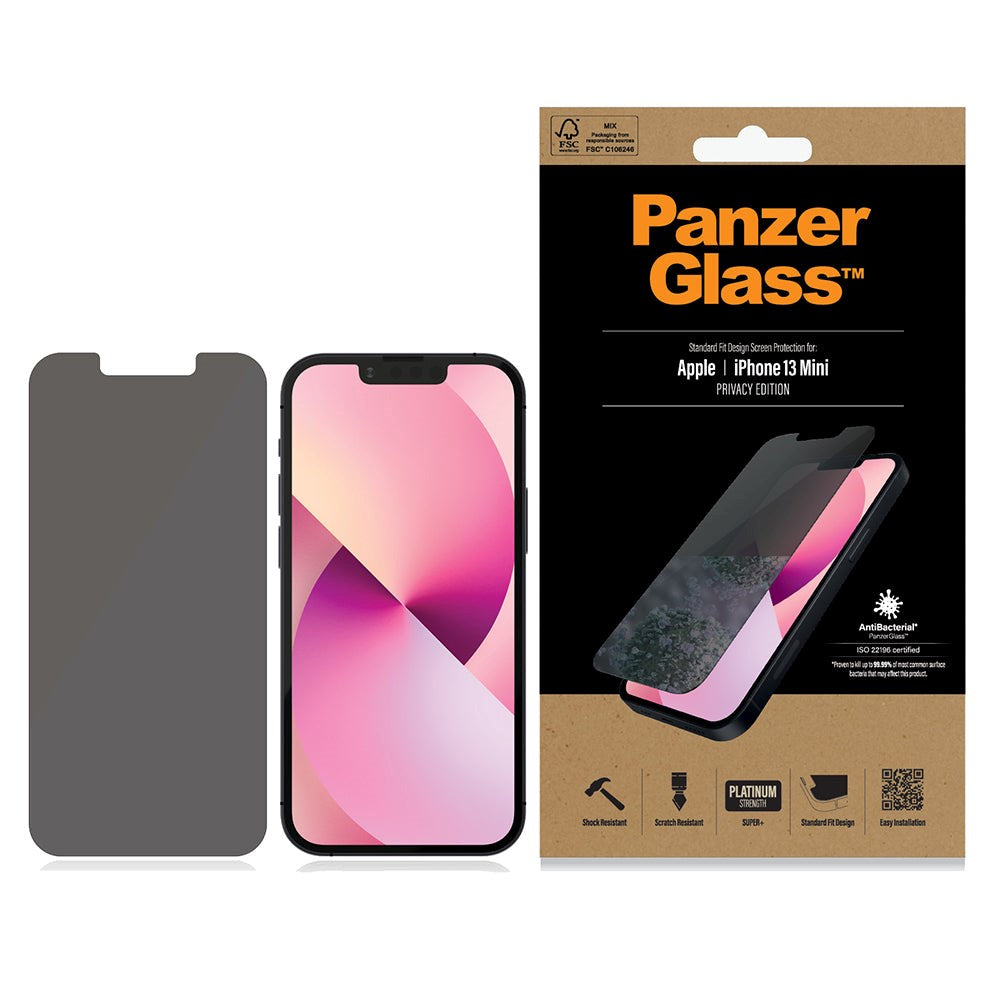 iPhone 13 Mini PanzerGlass AntiBacterial Standard Fit Beskyttelsesglass- Case Friendly - Privacy - Svart Kant