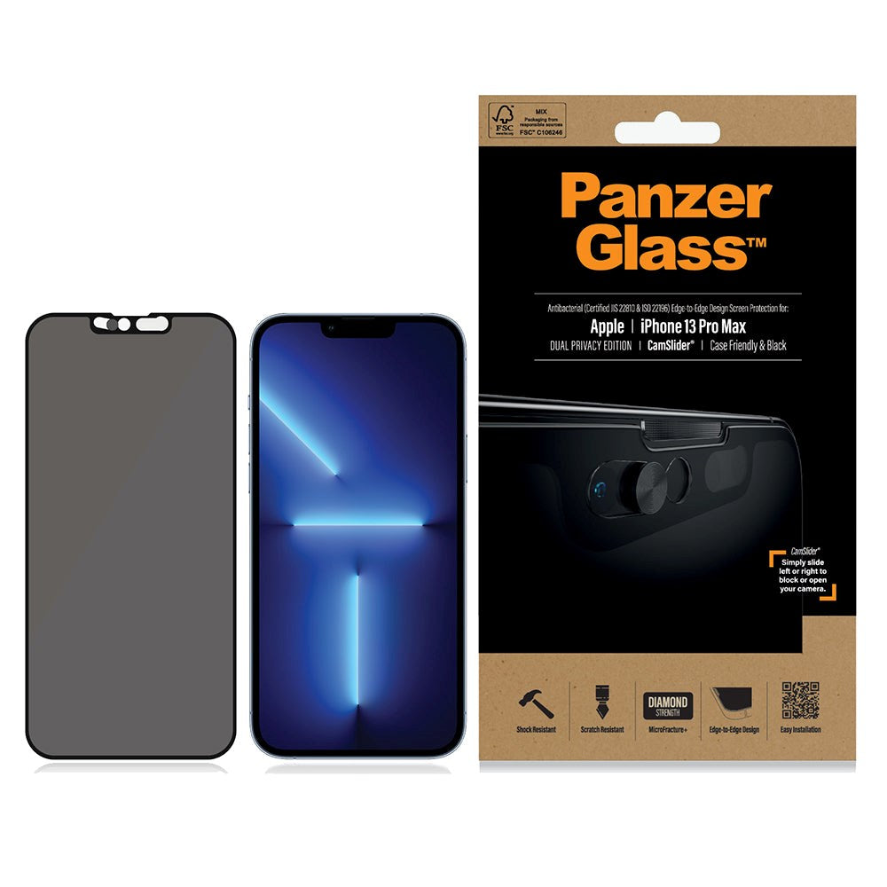 iPhone 13 Pro Max PanzerGlass AntiBacterial Beskyttelsesglass- Dual-Privacy m. CamSlider - Case Friendly - Svart