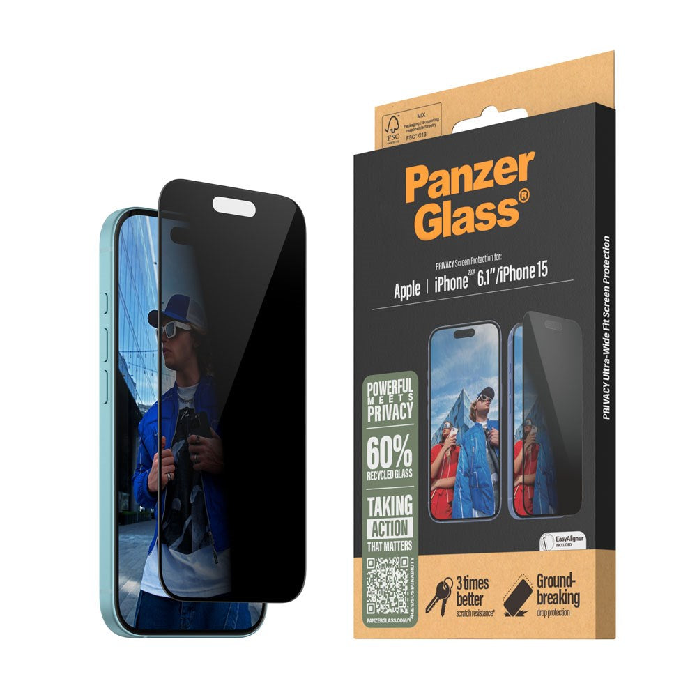 iPhone 16 PanzerGlass Ultra Wide Fit Skjermbeskyttelse m. EasyAligner - Privacy - Diamond Strength - Gjennomsiktig / Svart Kant