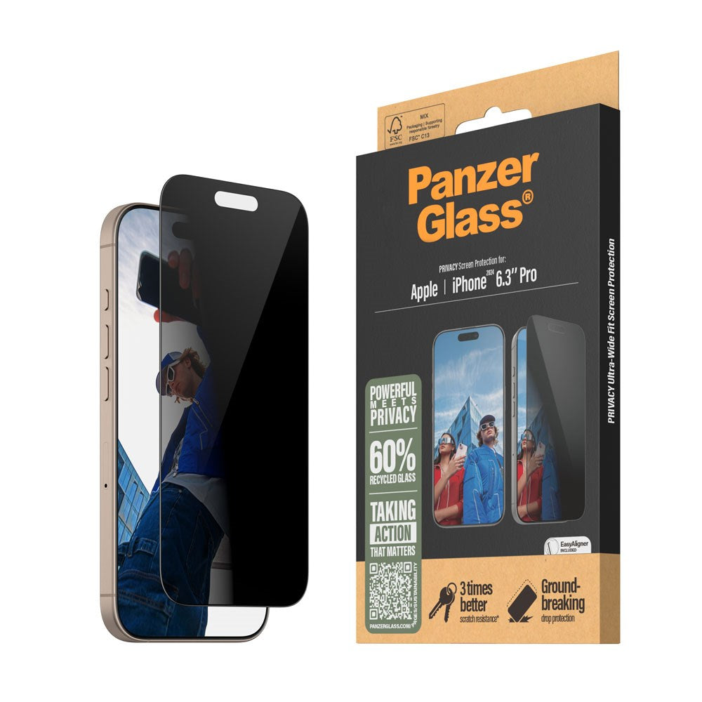 iPhone 16 Pro PanzerGlass Ultra Wide Fit Skjermbeskyttelse m. EasyAligner - Privacy - Diamond Strength - Gjennomsiktig / Svart Kant