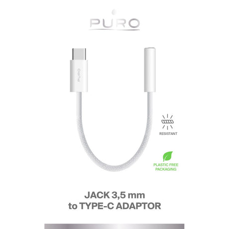 Puro Flettet Adapter USB-C til 3,5 mm Jack - 15 cm - Hvit