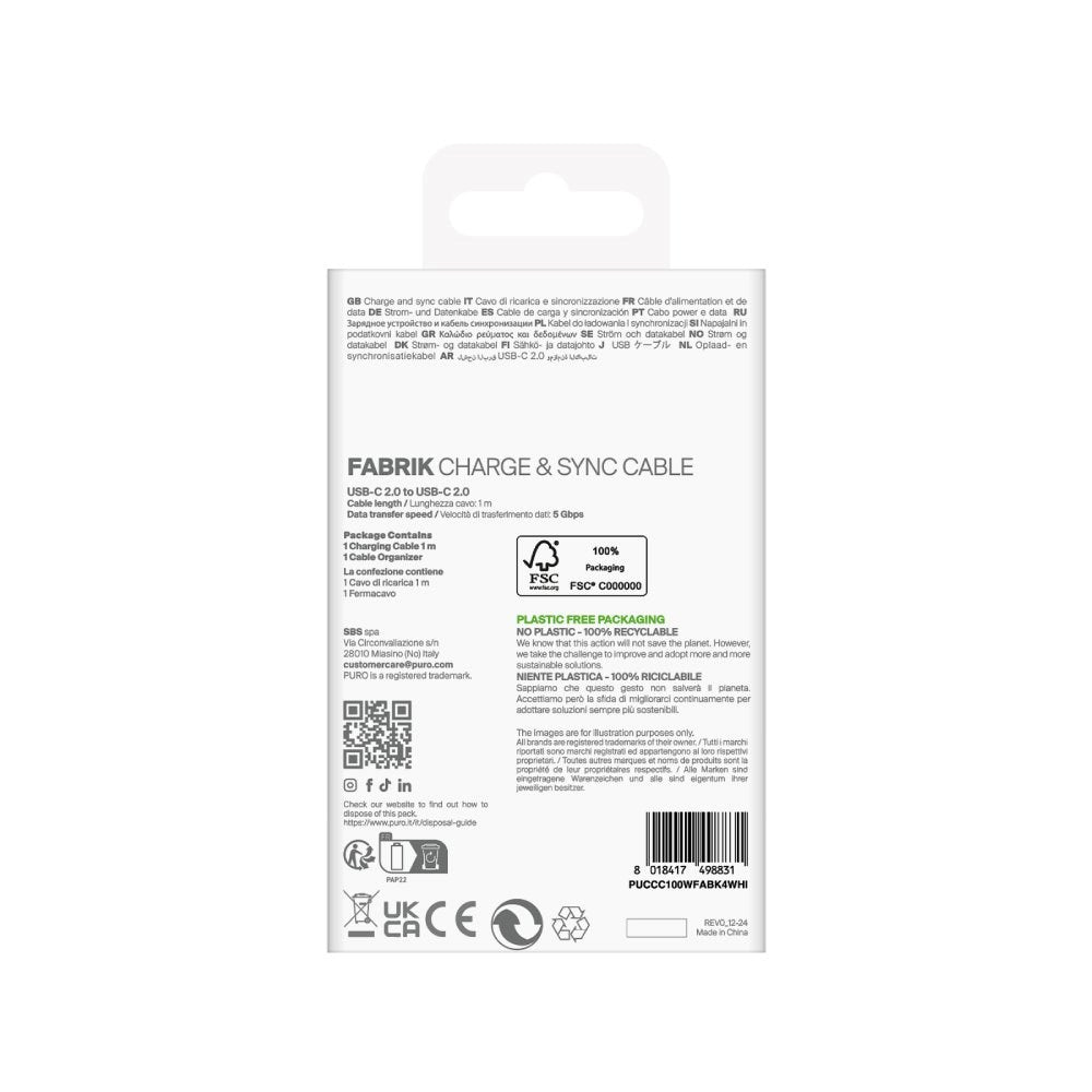 Puro Fabrik USB-C til USB-C 100W & 5 Gbps Kabel - 1 m - Hvit