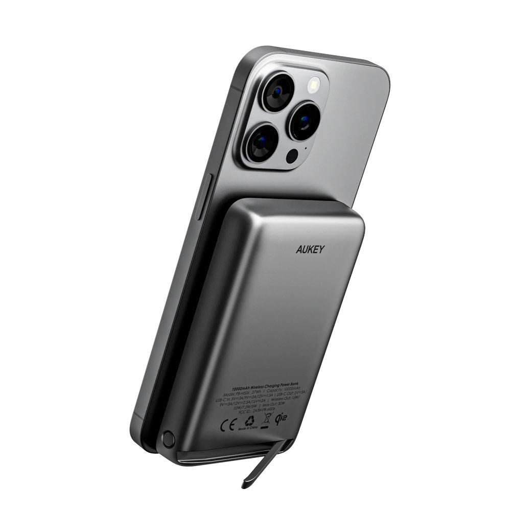 Aukey MagFusion 10 000 mAh Powerbank med Trådløs Lading & stativfunksjon - MagSafe / Qi2 Kompatibel - Grå