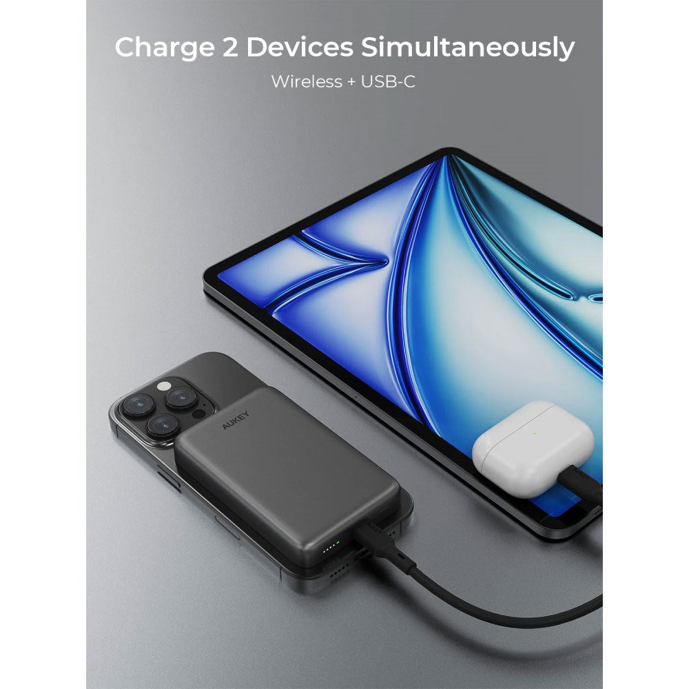 Aukey MagFusion M 10 000 mAh Powerbank - MagSafe / Qi2 Kompatibel - Hvit