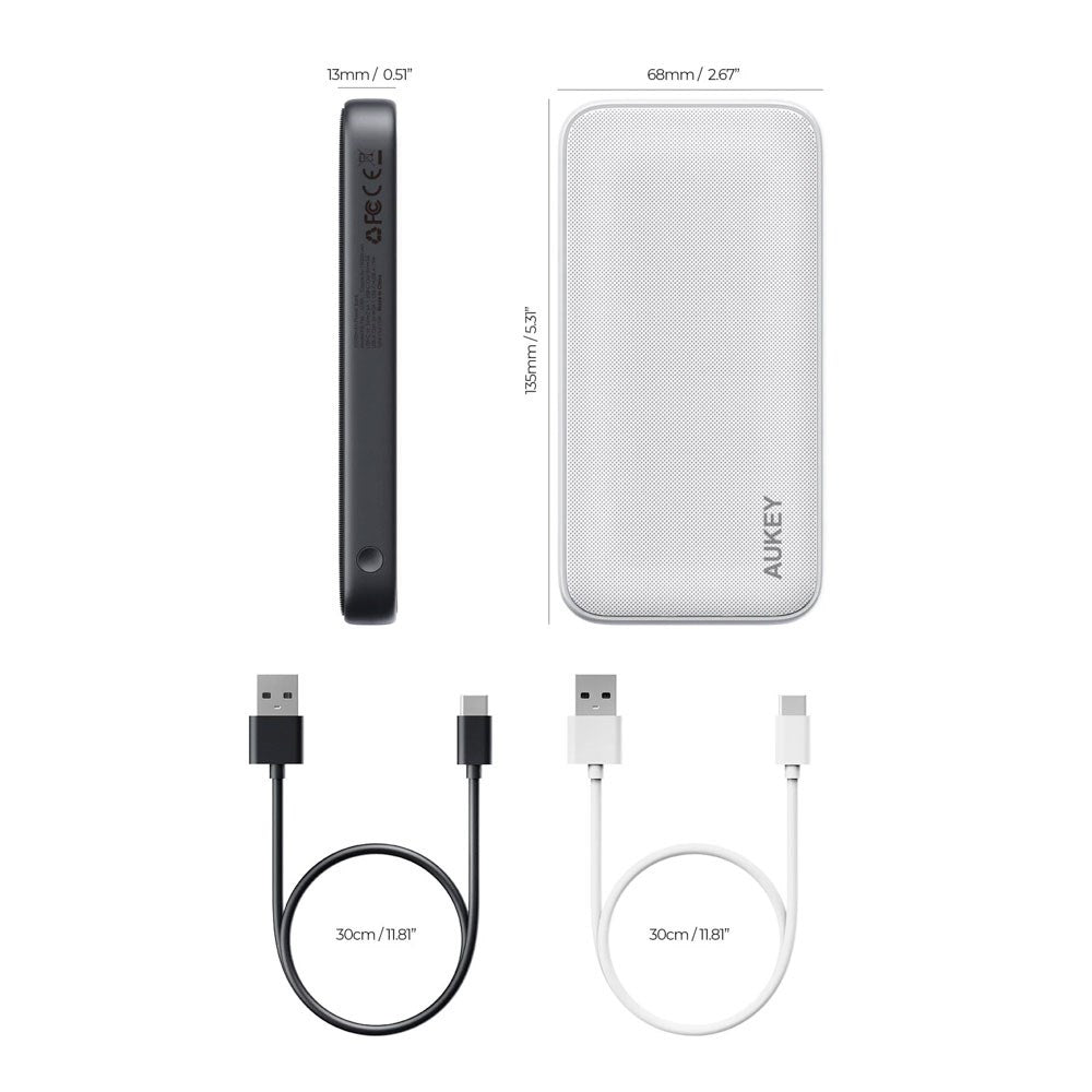 Aukey Sprint 10 000 mAh Powerbank med 15 W & 1 x USB-C & 1 x USB-A - Mørkegrå