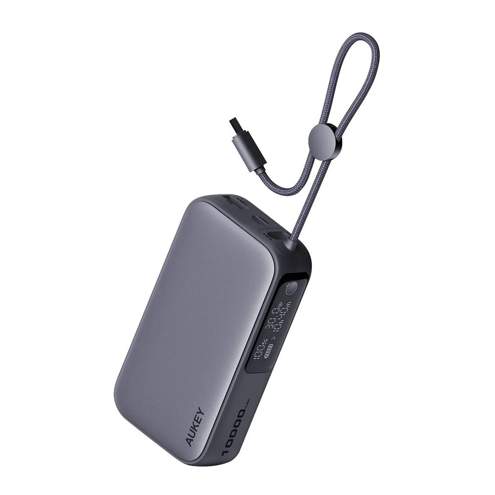 Aukey Spark Sling Powerbank med Innebygd USB-C-Kabel & Display - 10 000 mAh - 30 W - 1 x USB-C - 1 x USB-A - Grå