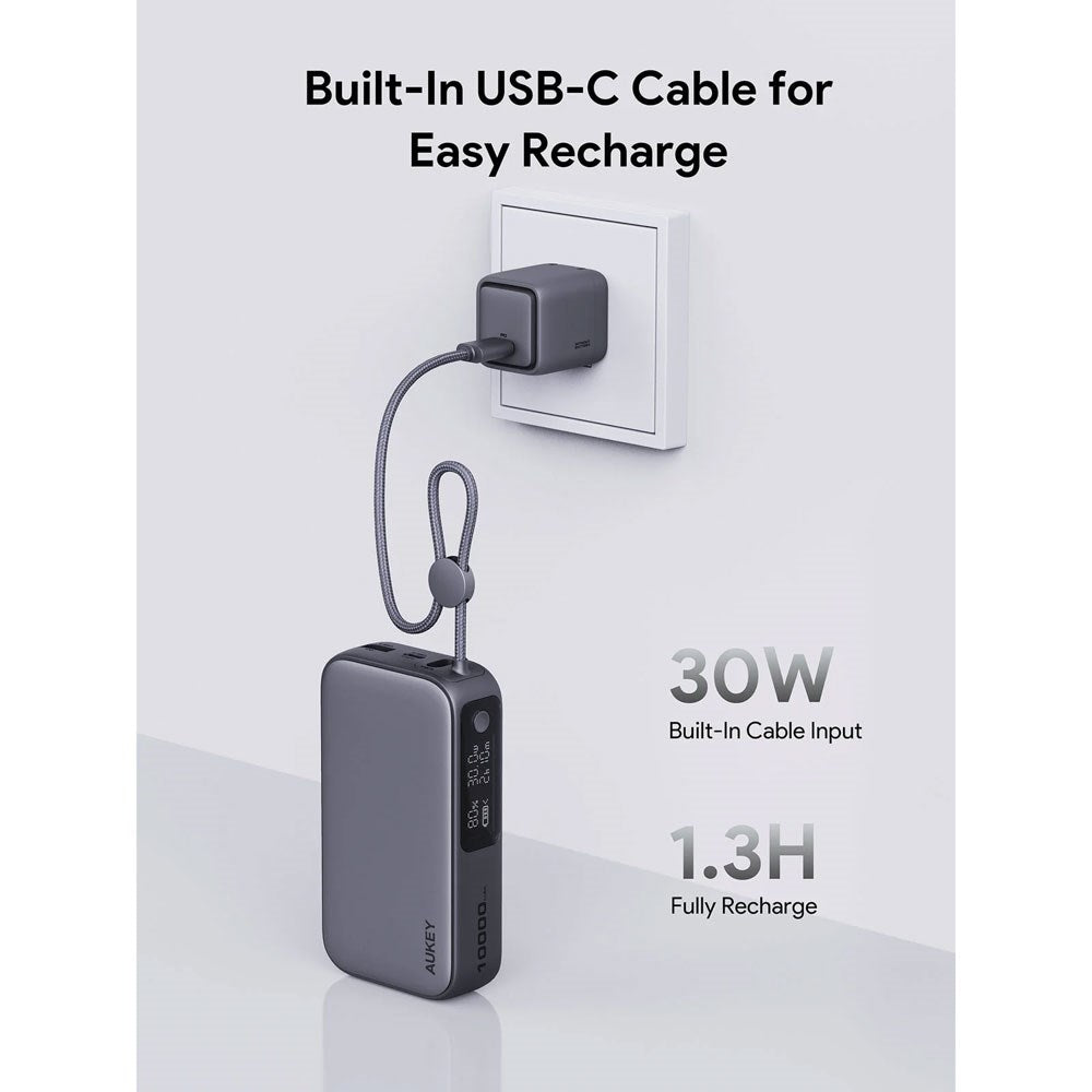Aukey Spark Sling Powerbank med Innebygd USB-C-Kabel & Display - 10 000 mAh - 30 W - 1 x USB-C - 1 x USB-A - Grå