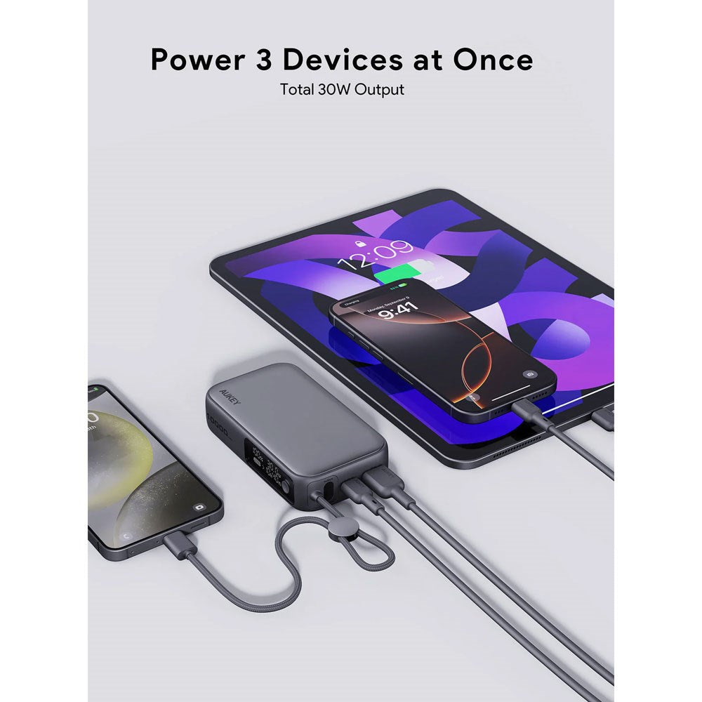 Aukey Spark Sling Powerbank med Innebygd USB-C-Kabel & Display - 10 000 mAh - 30 W - 1 x USB-C - 1 x USB-A - Grå