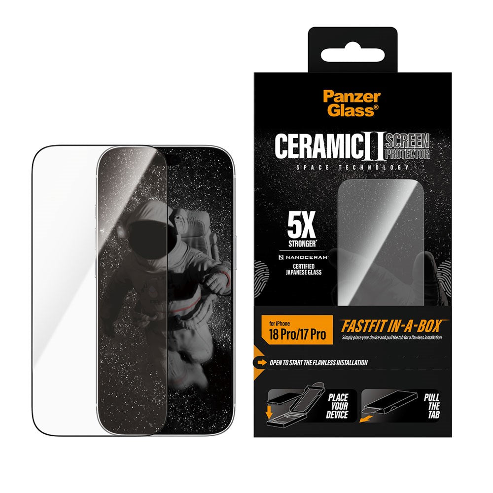 iPhone 18 Pro / 17 Pro PanzerGlass Ceramic Ultra-Wide Fit Skjermbeskyttelsesglass – FastFit In-A-Box – Gjennomsiktig
