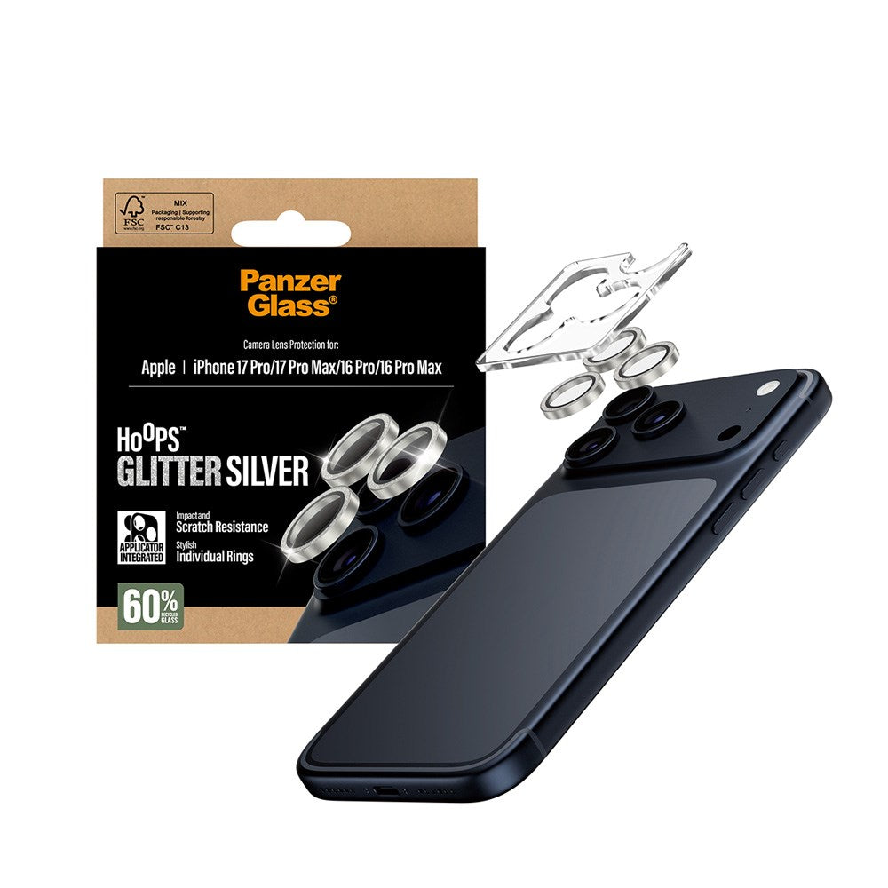 PanzerGlass iPhone 17 Pro / 17 Pro Max / 16 Pro / 16 Pro Max Hoops Kameralinsebeskyttelse med Installasjonsramme - Glitter Sølv